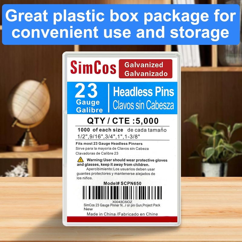 SimCos 23 Gauge Pinner Nails 1/2"~1-3/8" Headless Pin Nails for 23 GA Pneumatic or Electric Pinner or pin Gun (1/2"+9/16"+3/4"+1"+1-3/8" -5000pcs) - Image 3